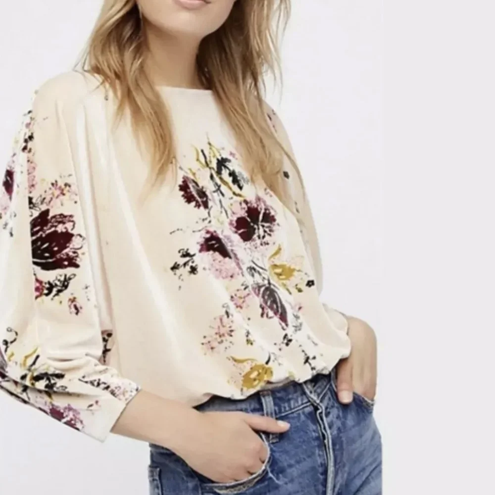 Free People Intimately Floral Velvet Bodysuit  Champayne Beige Dolman Sleeves XS